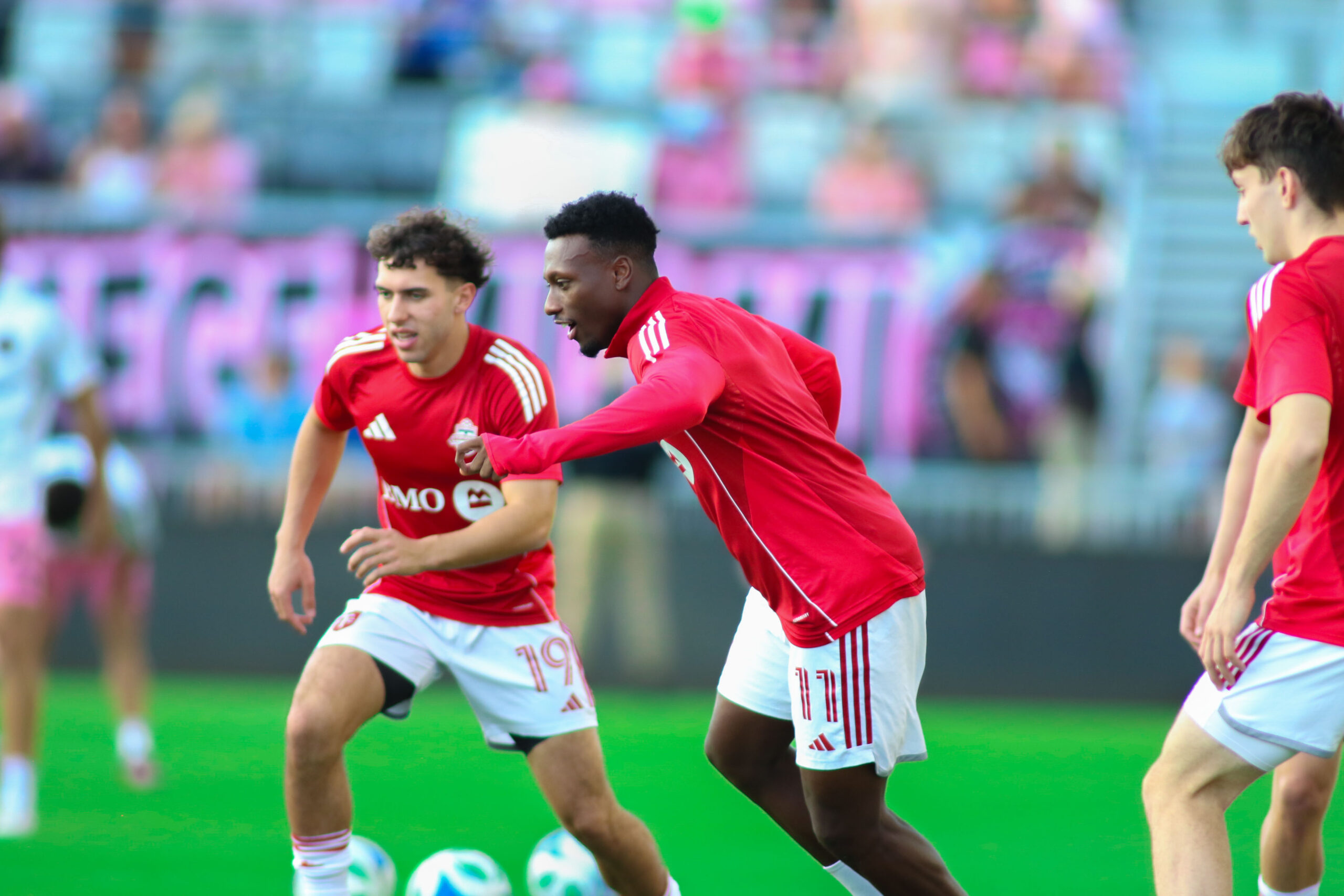 Haitian international Derrick Etienne Jr. (#17) warms up ahead of kickoff at Chase Stadium, preparing for the highly anticipated matchup between Toronto FC and Inter Miami.