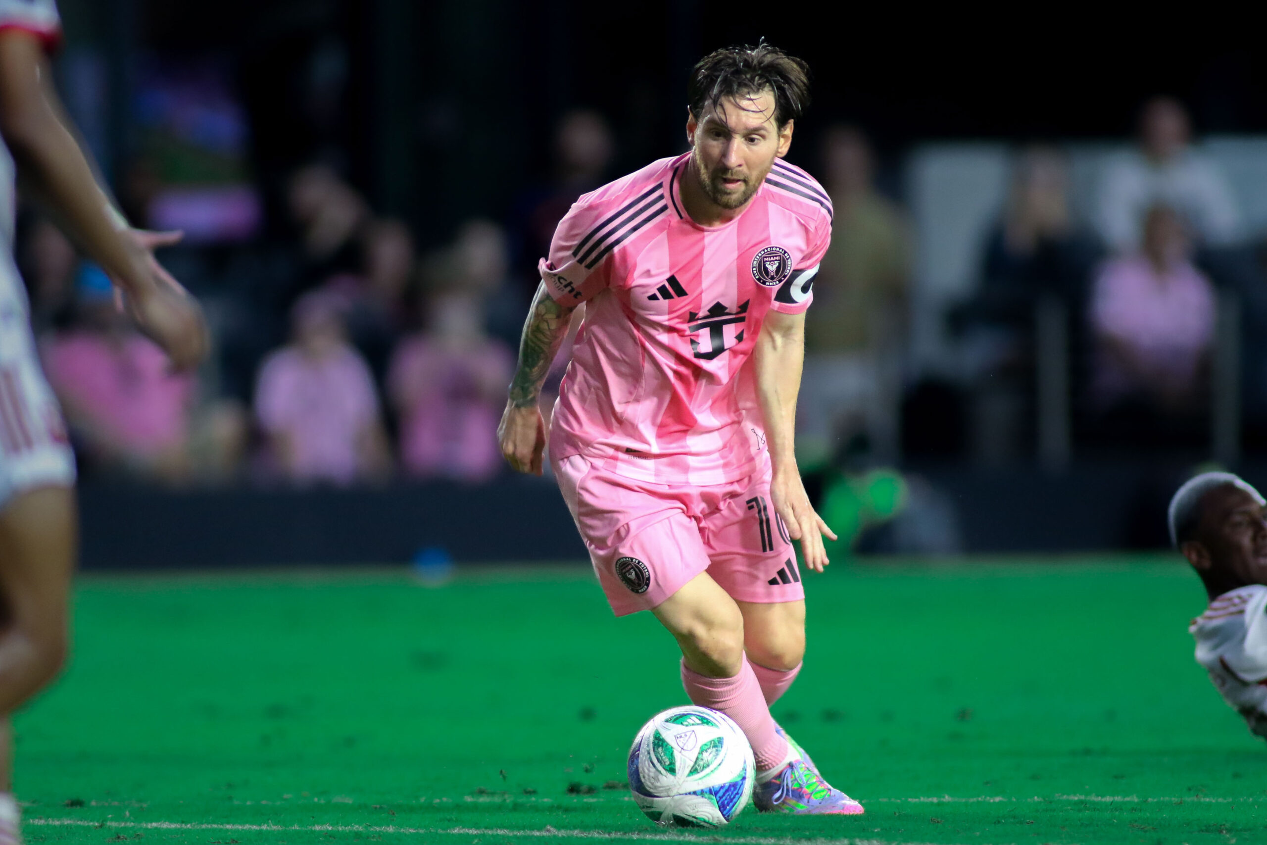 Lionel Messi creates a brilliant scoring opportunity for Inter Miami, showcasing his vision and playmaking skills as the team presses to take the lead against Toronto FC.